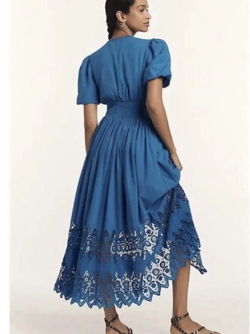 Anthropologie turquoise Blue Midi Dress with Lace Hem and V-Neck